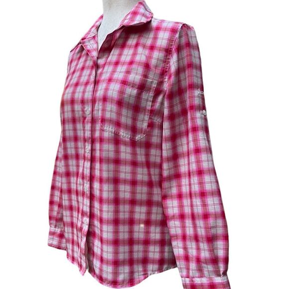 Odlo Pink Plaid Button Down Rugged Top Blouse Shirt Designed for Layering Size S - Picture 2 of 13